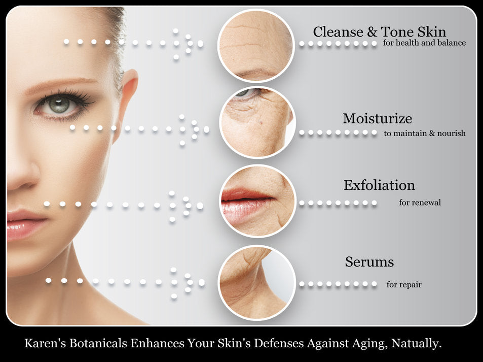 An informational skincare graphic with a close-up of a woman's face on the left and four circular skin-detail insets on the right. Text reads: 'Cleanse & Tone Skin,' 'Moisturize,' 'Exfoliation,' and 'Serums,' with dots connecting facial areas to skincare benefits.